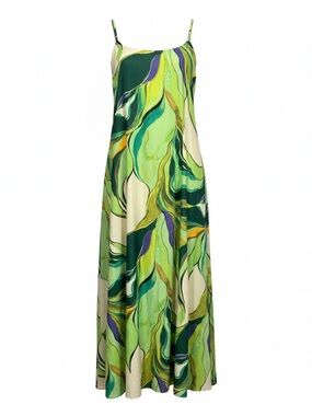 Sam Edelman Long Green Abstract Tropical Print Maxi Sheath Dress Pockets